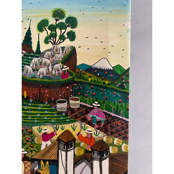 Vintage Alberto Vega Peruvian Folk Art Animal Hide Painting Bright Mid Century - Picture 4 of 11